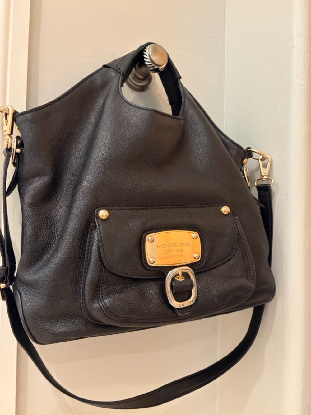 Michael Kors Black Leather Bag with Gold Plaque and Buckle
